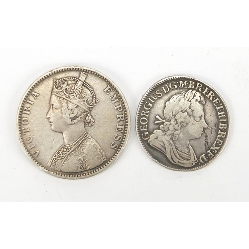 367 - George II 1723 shilling and Indian 1891 one rupee