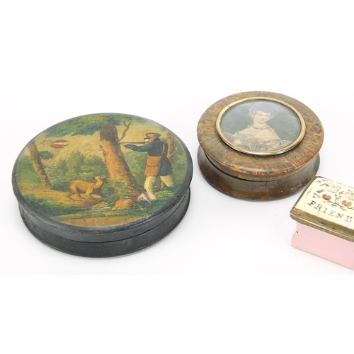 23 - 18th century Bilston enamel patch box inscribed with 'gift of a friend' and two 19th century snuff b... 
