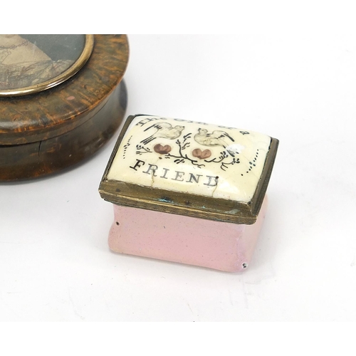 23 - 18th century Bilston enamel patch box inscribed with 'gift of a friend' and two 19th century snuff b... 