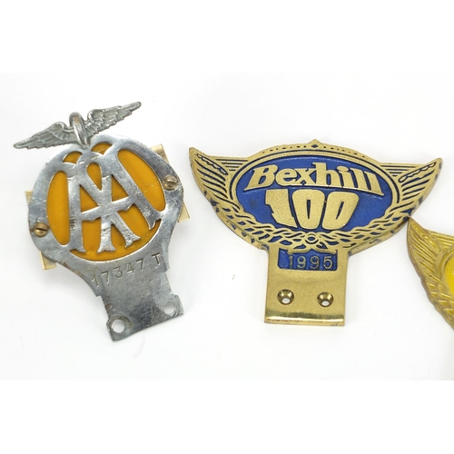 262 - Five car badges including RAC and Bexhill, the largest 12.5cm wide