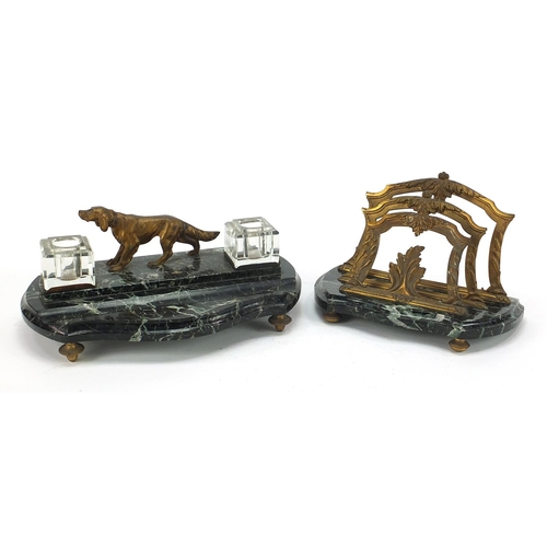 524 - Green marble dog design desk stand with glass inkwells and a similar three section letter rack, the ... 