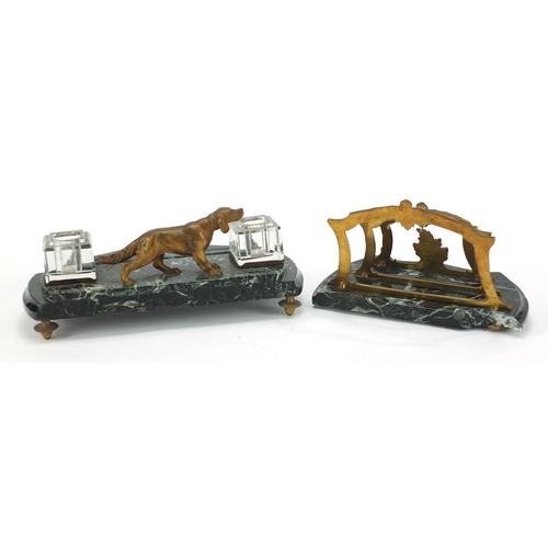 524 - Green marble dog design desk stand with glass inkwells and a similar three section letter rack, the ... 