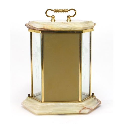 483 - Kundo onyx and brass anniversary clock with bevelled glass, 23cm high