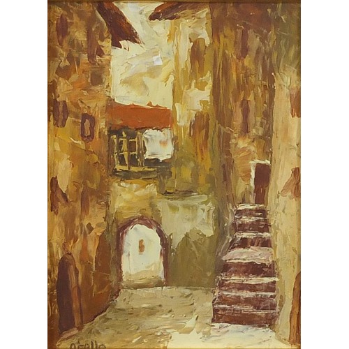 299 - Otello - Italian street scene, 20th century oil on board, mounted, framed and glazed, 22.5cm x 16cm ... 