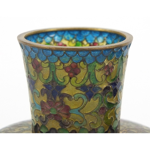 930 - Chinese plique à jour enamel stem cup on carved hardwood stand, overall 10.5cm high