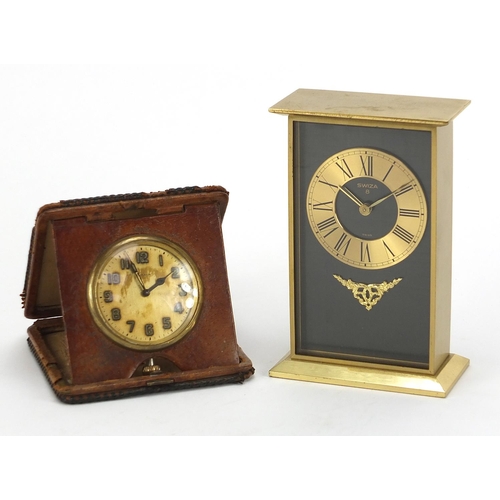 485 - Swiza eight day desk clock and a leather cased travel clock, the largest 14.5cm high