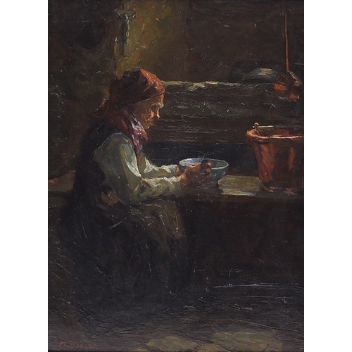 162 - Mary Duncan - Female in an interior, oil on board, inscribed verso, framed, 31cm x 23cm excluding th... 