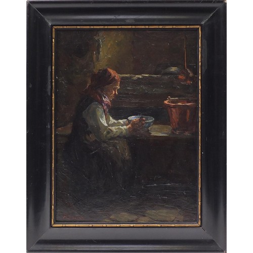 162 - Mary Duncan - Female in an interior, oil on board, inscribed verso, framed, 31cm x 23cm excluding th... 