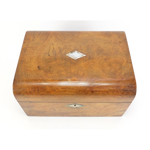 588 - Victorian inlaid walnut toilet box with mirrored back, five cut glass jars and secret side drawer, 1... 