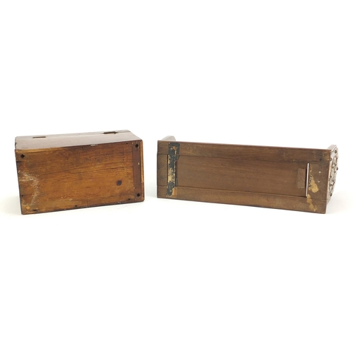 590 - Victorian mahogany twin divisional tea caddy and extending book slide with brass mounts, the largest... 