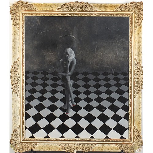 67 - Female in an interior with chequered floor, oil, framed, 70cm x 60cm excluding the frame