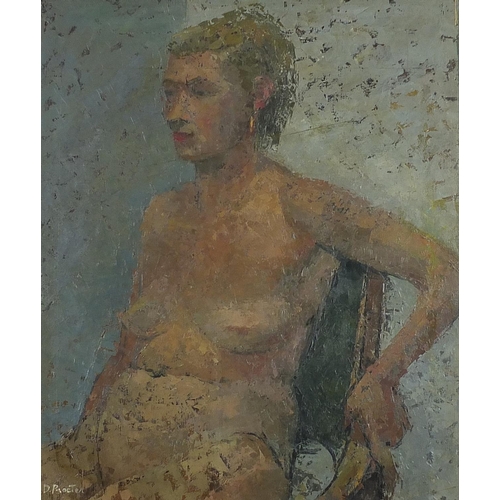 69 - Portrait of a seated nude female, British school oil on board, framed, 63.5cm x 53.5cm excluding the... 