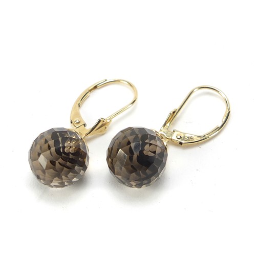 553 - Pair of 9ct gold smoky quartz drop earrings, 3cm high, 4.0g