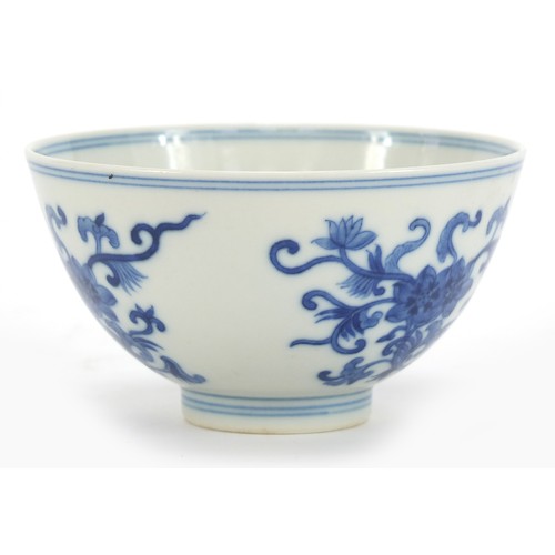 711 - Chinese blue and white porcelain bowl hand painted with flowers, six figure character marks to the b... 