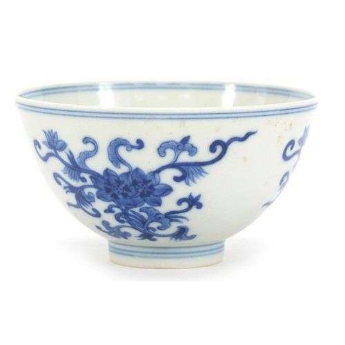 711 - Chinese blue and white porcelain bowl hand painted with flowers, six figure character marks to the b... 