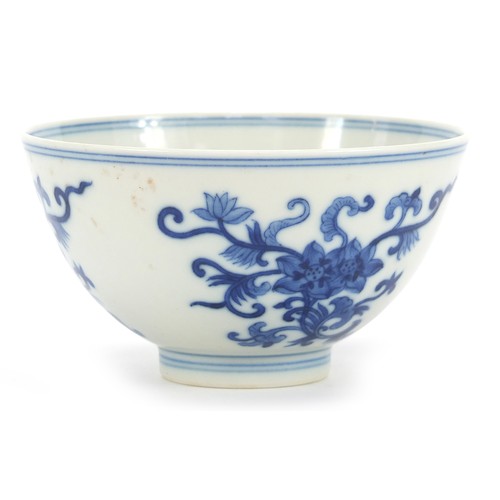 711 - Chinese blue and white porcelain bowl hand painted with flowers, six figure character marks to the b... 