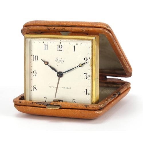 486 - Vintage Imhof automatic calendar eight day travel alarm clock, 8.5cm wide