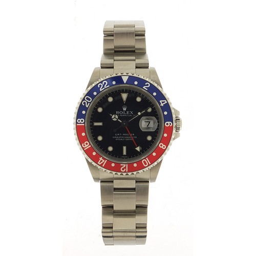 216 - Rolex, gentleman's GMT Master automatic wristwatch with Pepsi bezel and date aperture, Ref 16700, Se... 