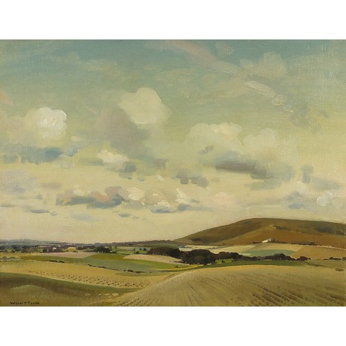 89 - Frank Wootton - Alciston towards Wilmington, oil on board, mounted and framed, 49.5cm x 39cm excludi... 