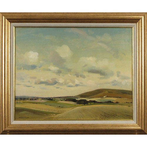 89 - Frank Wootton - Alciston towards Wilmington, oil on board, mounted and framed, 49.5cm x 39cm excludi... 