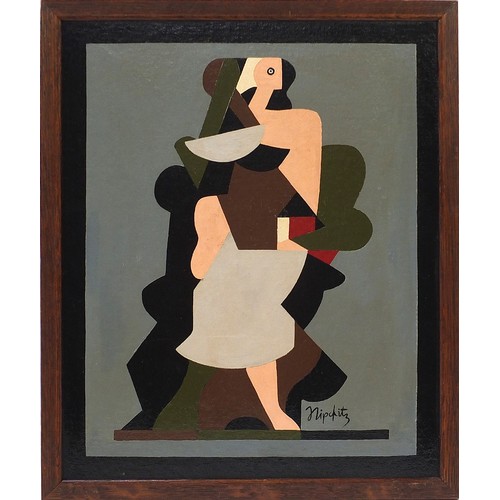 196 - After Jacques Lipschitz - Abstract composition, geometric figure, oil on canvas board, framed, 42.5c... 