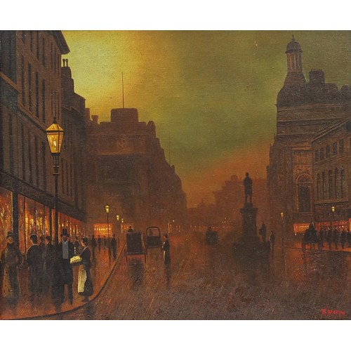 303 - Evening street scene, Victorian style oil on board, framed, 60cm x 50cm excluding the frame