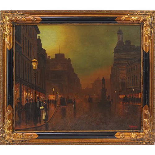 303 - Evening street scene, Victorian style oil on board, framed, 60cm x 50cm excluding the frame