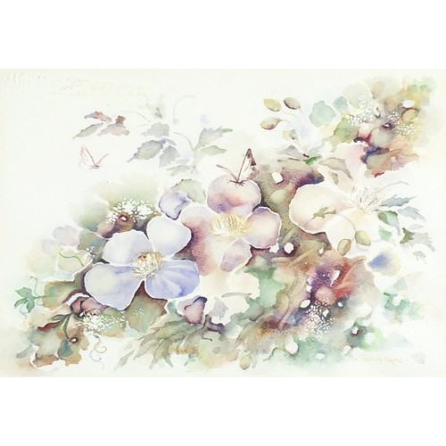 492 - Patricia Mayne - Still life flowers, watercolour, mounted, framed and glazed, 39.5cm x 27.5cm exclud... 