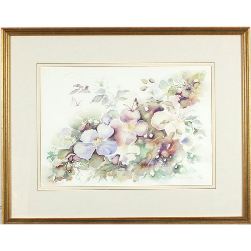 492 - Patricia Mayne - Still life flowers, watercolour, mounted, framed and glazed, 39.5cm x 27.5cm exclud... 