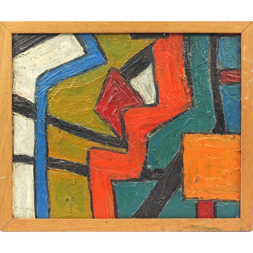 376 - Abstract composition, geometric shapes, oil on board, framed, 62cm x 50.5cm excluding the frame