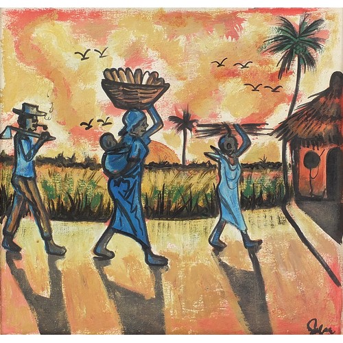 417 - Mother with child and two others entering a village, African school oil on canvas, mounted and frame... 