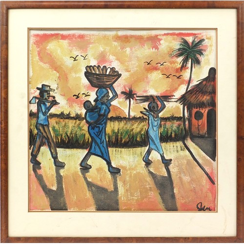 417 - Mother with child and two others entering a village, African school oil on canvas, mounted and frame... 