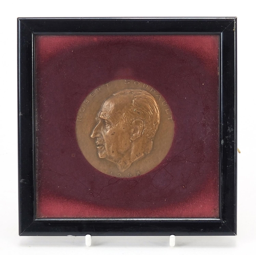 2004 - Robert Soupault commemorative bronze medallion housed in a glazed frame, dated 1968 and Antony Insol... 