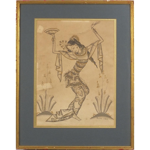 1964 - Figures dancing, pair of Balinese watercolours, mounted, framed and glazed, each 33.5cm x 25cm exclu... 