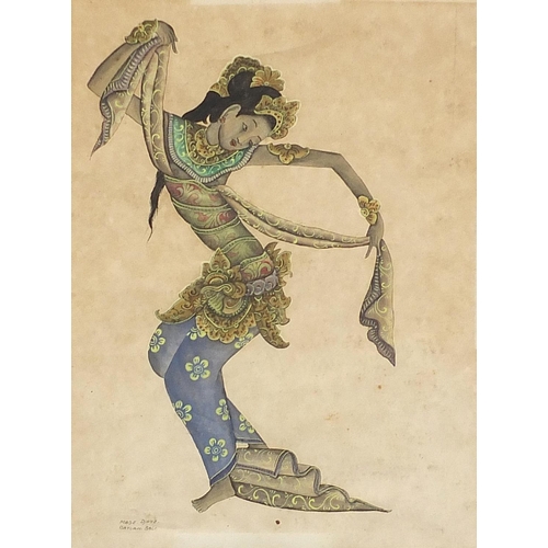 1964 - Figures dancing, pair of Balinese watercolours, mounted, framed and glazed, each 33.5cm x 25cm exclu... 