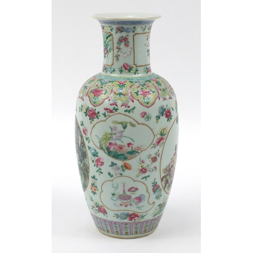 177 - Large Chinese porcelain baluster vase finely hand painted in the famille rose palette with panels of... 