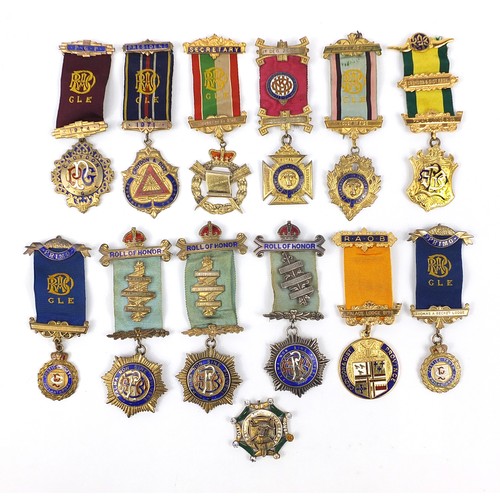 236 - Thirteen Royal Order of Buffalo silver and enamel jewels, mostly gilt including examples presented t... 