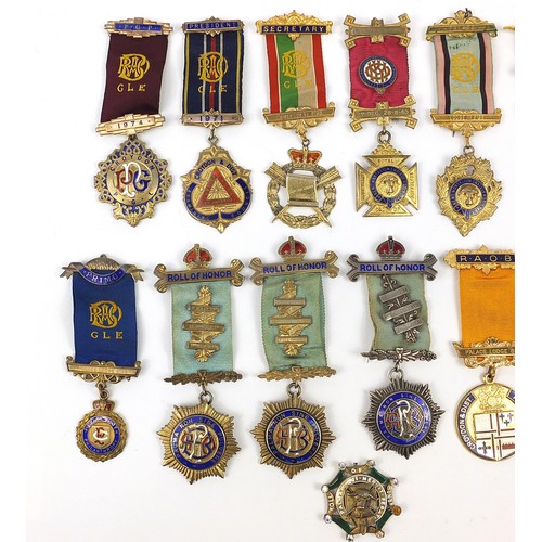 236 - Thirteen Royal Order of Buffalo silver and enamel jewels, mostly gilt including examples presented t... 