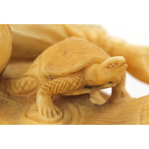 203 - ** WITHDRAWN ** Very fine Japanese carved ivory okimono of two men and three sea turtles, character ... 