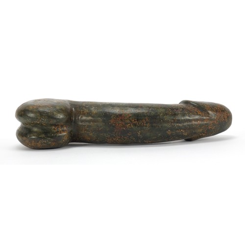 410 - Islamic carved green hardstone phallus, 28cm in length