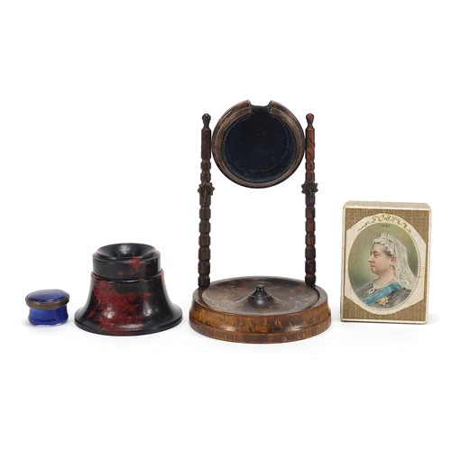 235 - Antique and later objects including a Staffordshire enamelled patch box, watch stand and Bakelite pe... 