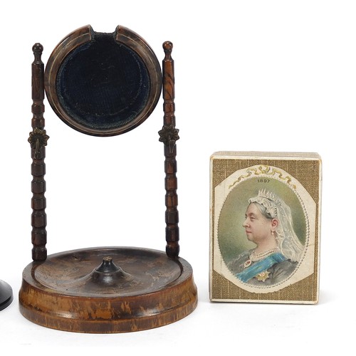 235 - Antique and later objects including a Staffordshire enamelled patch box, watch stand and Bakelite pe... 