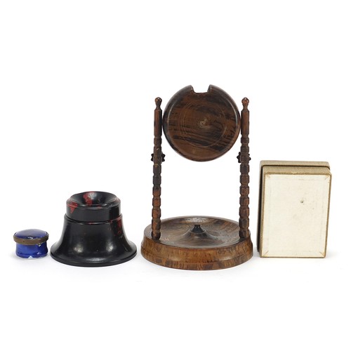 235 - Antique and later objects including a Staffordshire enamelled patch box, watch stand and Bakelite pe... 