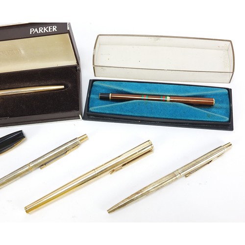 240 - Vintage and later pens and pencils including Sheaffer and Parker, one with gold nib