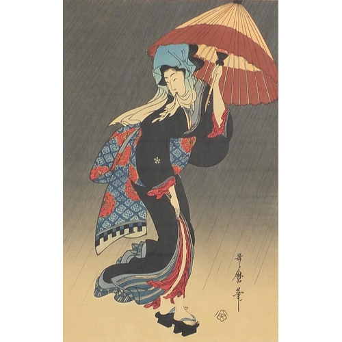 867 - Geisha girls, pair of Japanese wood block prints with character marks, framed and glazed, each 39.5c... 