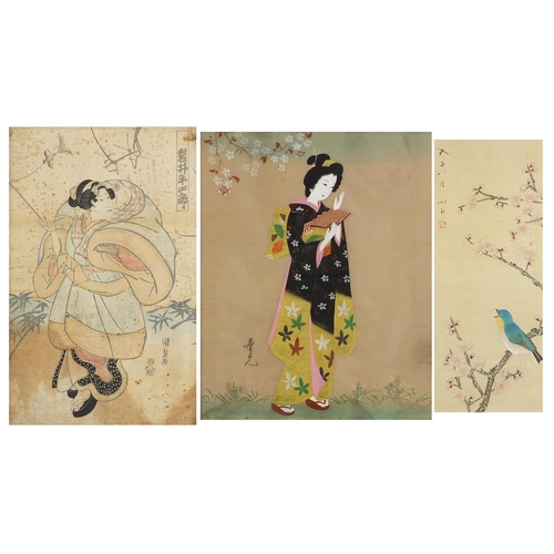 1773 - Three Japanese pictures including a wood block print of a mother with child and a watercolour of a G... 