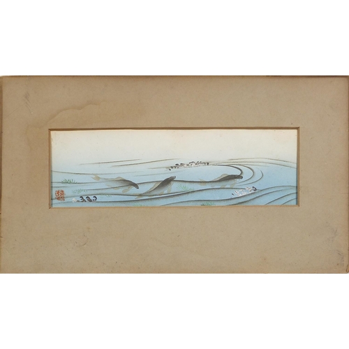 2116 - Koi in water, pair of Japanese school watercolours with seal marks, one mounted, framed and glazed, ... 