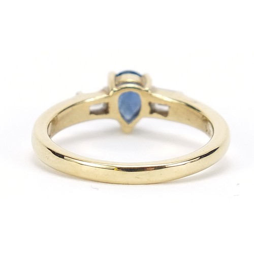 56 - 9ct gold pear cut sapphire ring with baguette cut diamond shoulders, size M, 2.9g