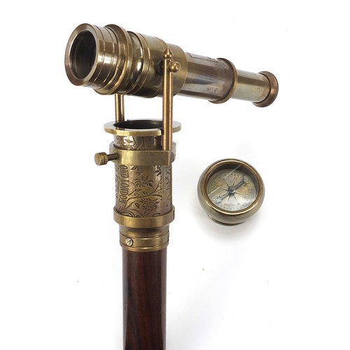 356 - Hardwood walking stick with brass compass and two draw telescope pommel, 96cm in length