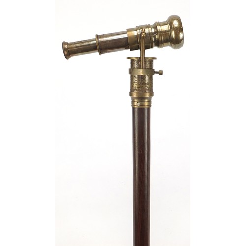 356 - Hardwood walking stick with brass compass and two draw telescope pommel, 96cm in length